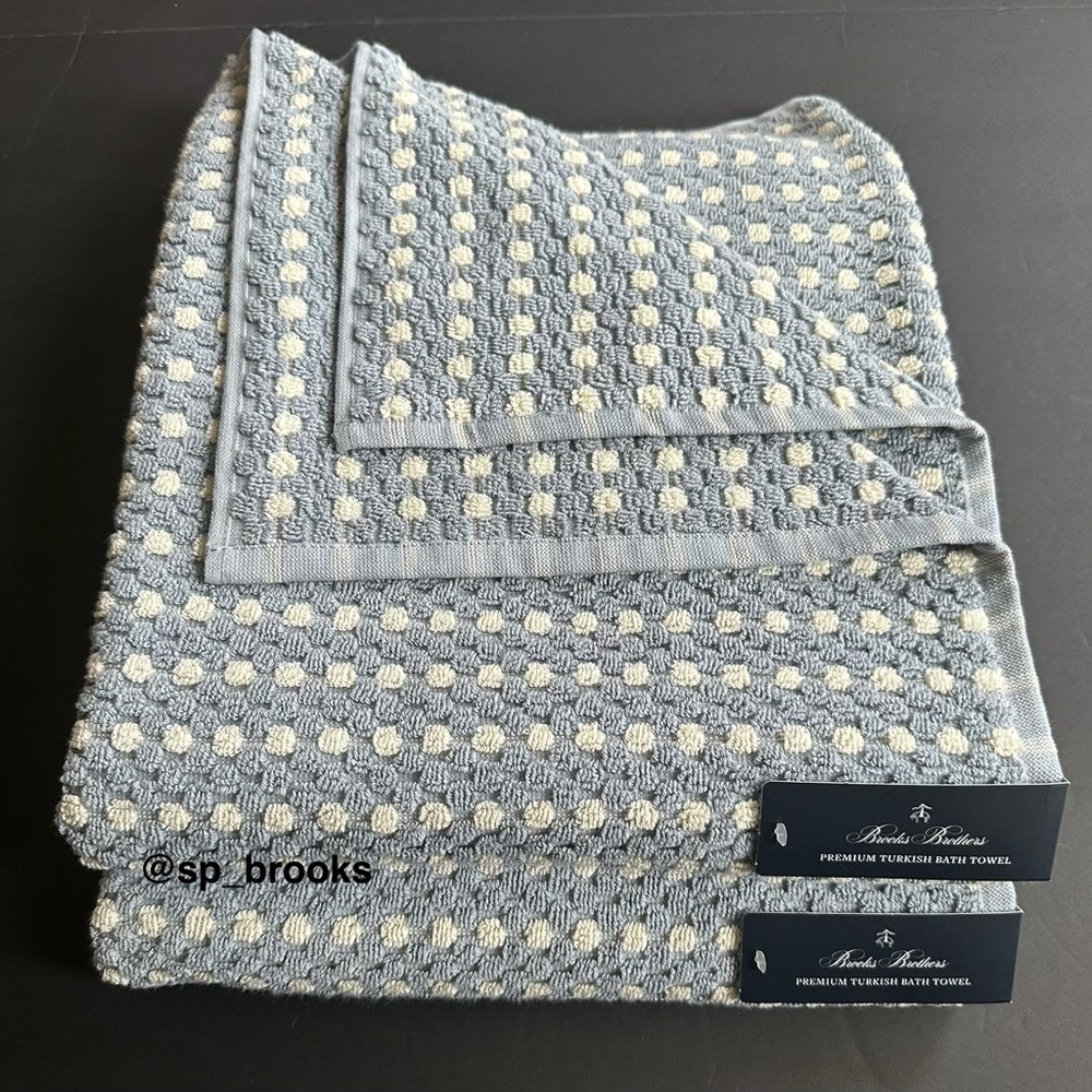 🎁2PC Brooks Brothers Premium Turkish Cotton Bath Towels -Waffle Blue & Ivory